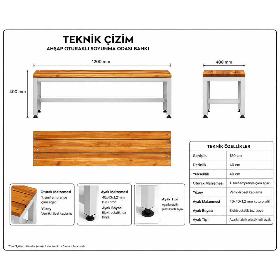 120 cm ahşap oturma bankı metal ayaklı soyunma odası bankı