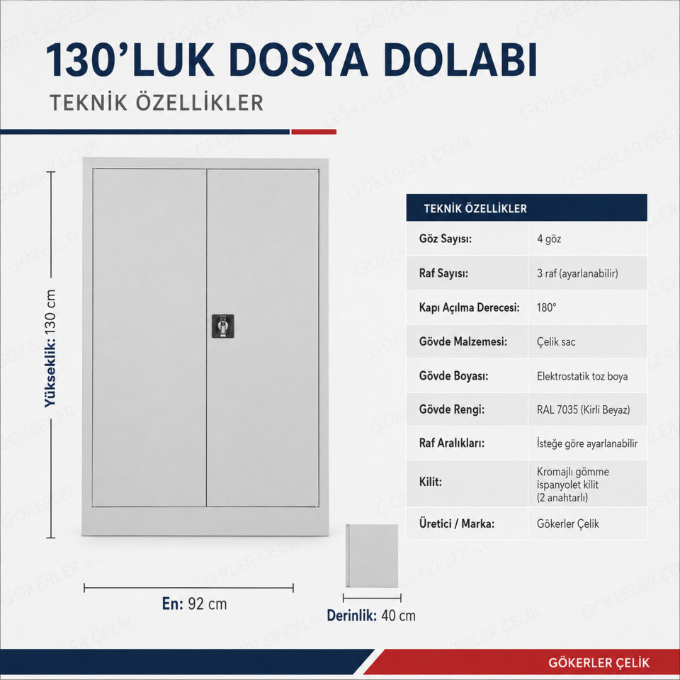 130'luk Dosya Dolabı – 4 Gözlü Çelik Ofis ve Arşiv Dolabı