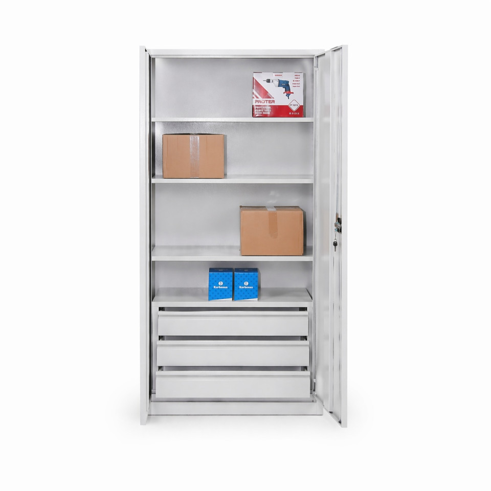 çekmeceli metal malzeme dolabı kapalı görünüm 198 cm çelik dolap