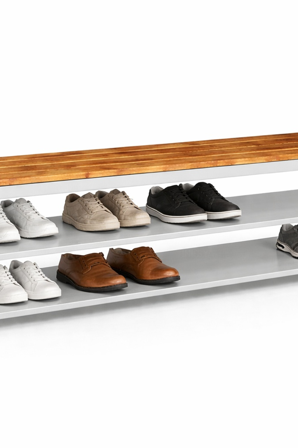 200 cm Ayakkabı Raflı Oturma Bankı (Ahşap Oturaklı Metal Bank)