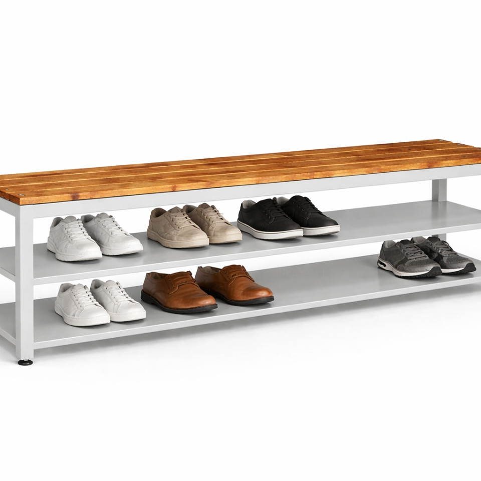 200 cm Ayakkabı Raflı Oturma Bankı (Ahşap Oturaklı Metal Bank)