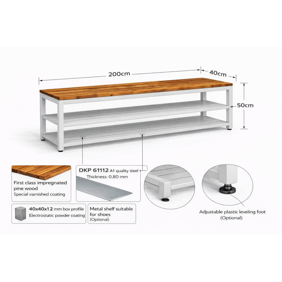 200 cm ayakkabi rafli oturma banki ahsap metal soyunma banki