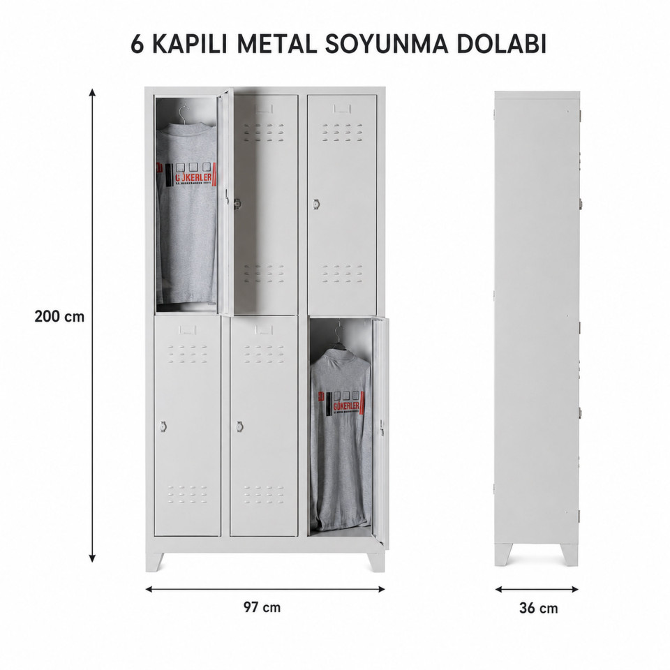 Spor salonu için 2 katlı 6 kapaklı çelik giyinme dolabı 97x36x200 cm önden görünüm