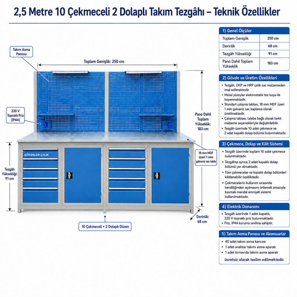 Çift dolaplı 10 çekmeceli 250 cm sanayi takım tezgahı 250x68x183 cm önden görünüm