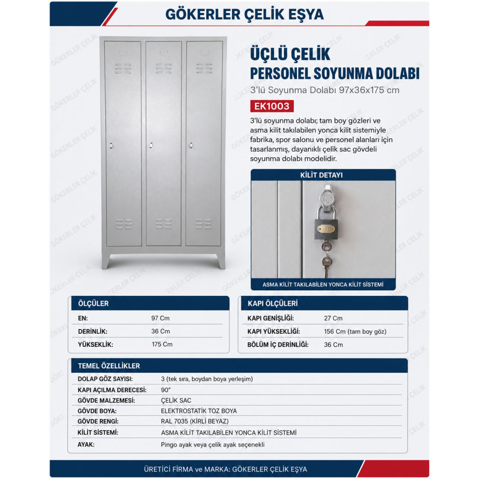 3'lü soyunma dolabı 97x36x175 cm üçlü çelik personel dolabı önden görünüm