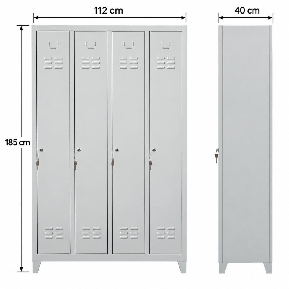 Boy kapaklı 4 kişilik metal askılıklı soyunma dolabı 112x40x185 cm önden görünüm