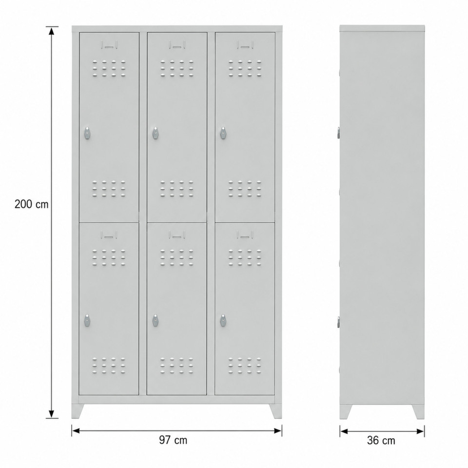 RAL 7035 gri 6 kapaklı metal soyunma dolabı 97x36x200 cm önden görünüm