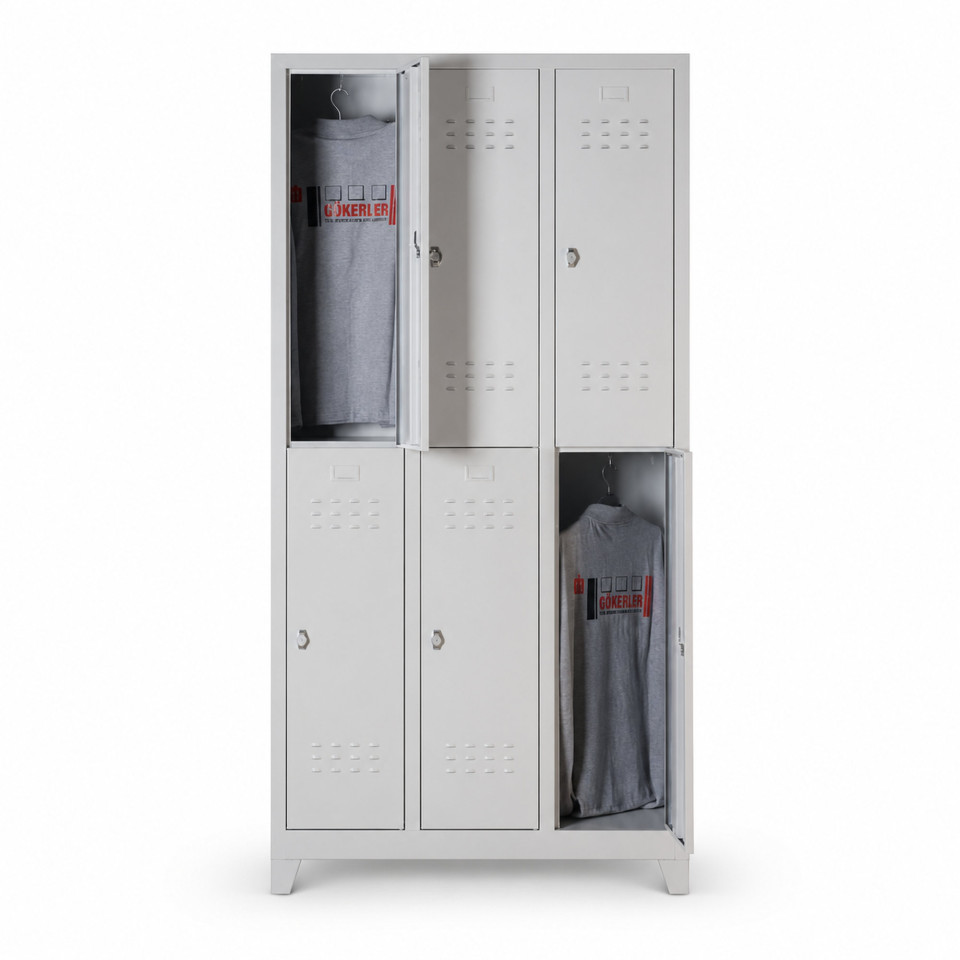 Spor salonu için 2 katlı 6 kapaklı çelik giyinme dolabı 97x36x200 cm önden görünüm
