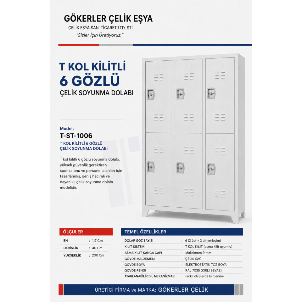 T kol kilitli 6 gözlü soyunma dolabı 117x40x200 cm güvenlikli çelik dolap kapalı önden görünüm