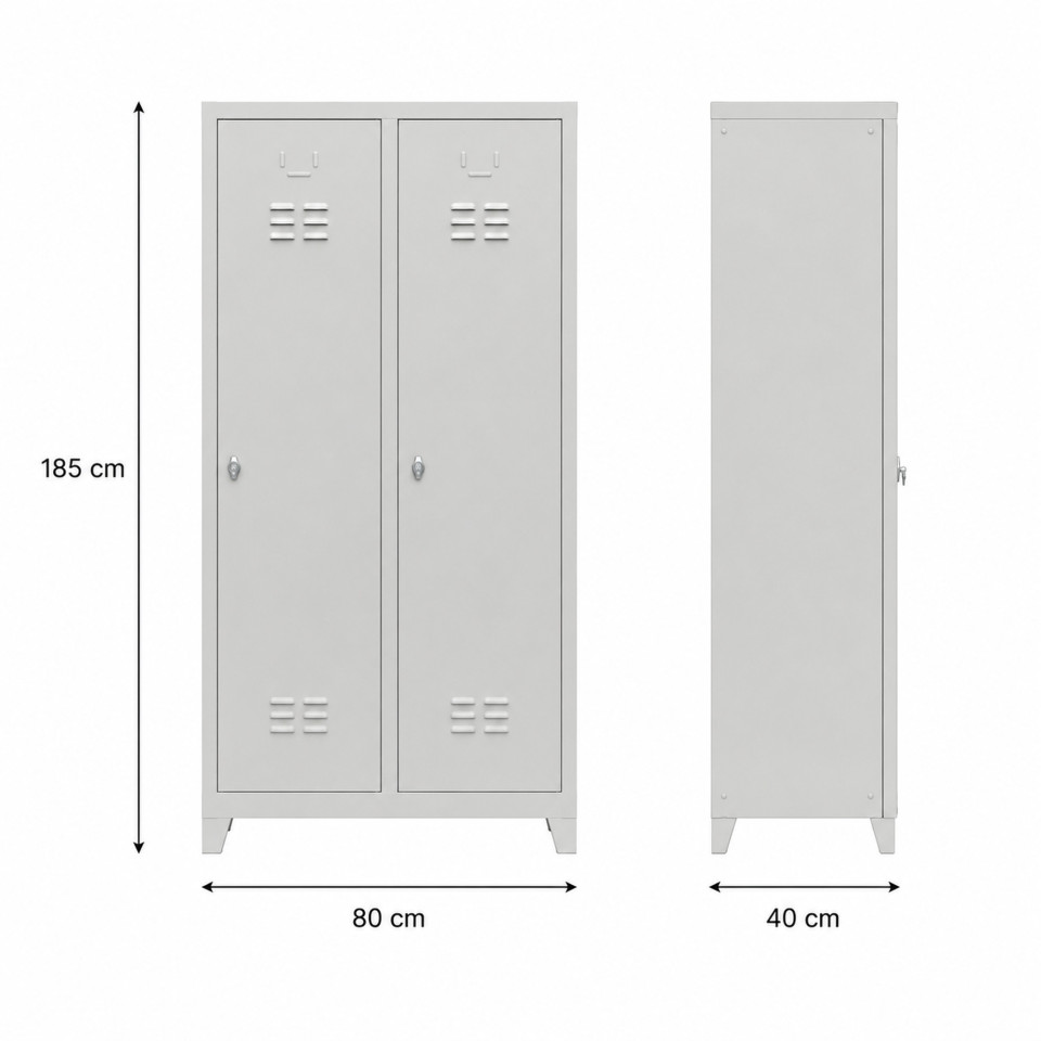 Tek renk gri kirli temiz bölmeli personel dolabı komple RAL 7035, 80x40x185 cm önden görünüm