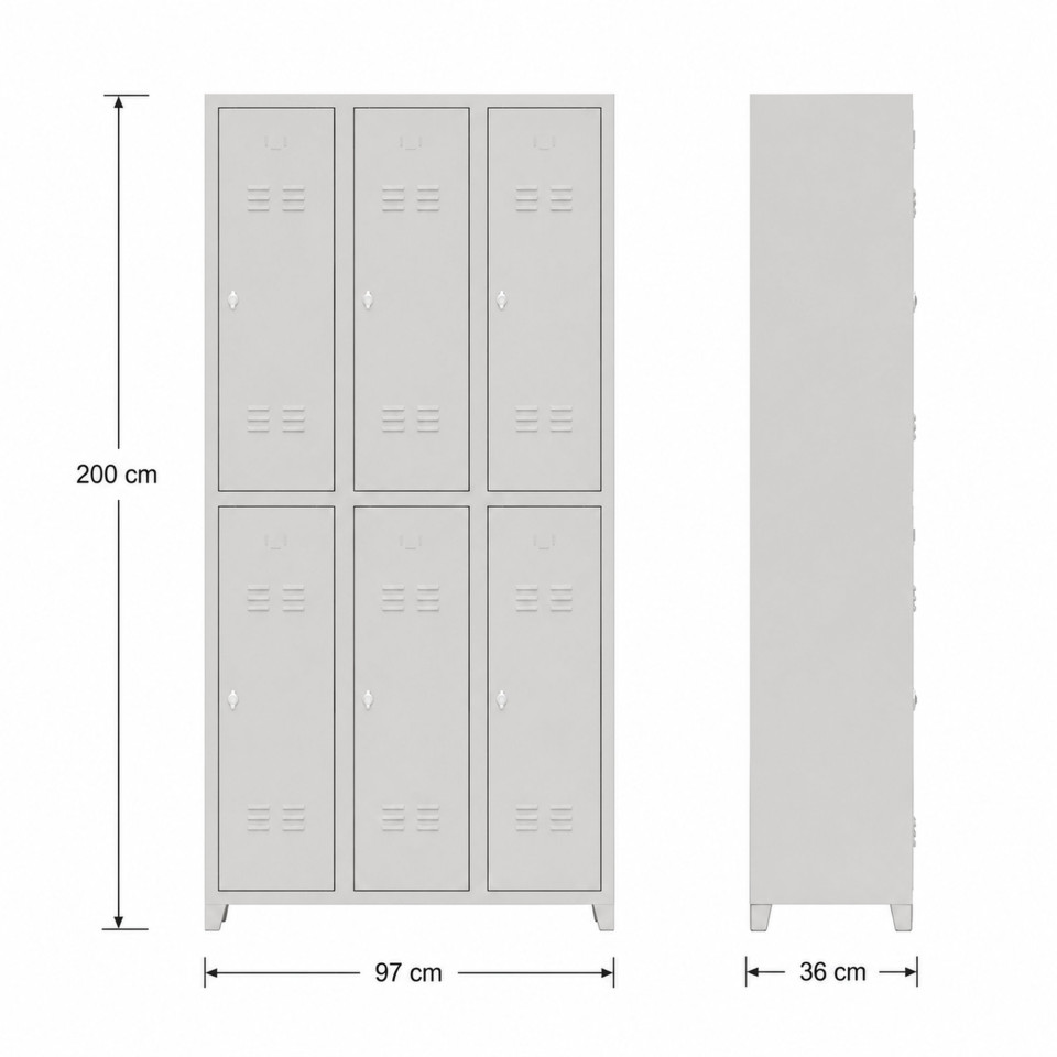 Üretim tesisi için 6 kapaklı çelik eşya dolabı 97x36x200 cm önden görünüm